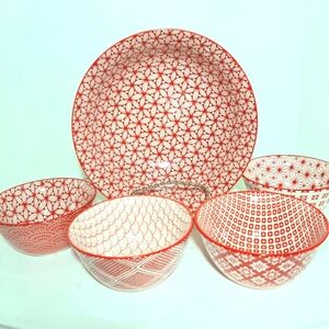 Set of 5 KSP OISHI SAKURA Multi-Patterned Stoneware Set. Perfect condition.